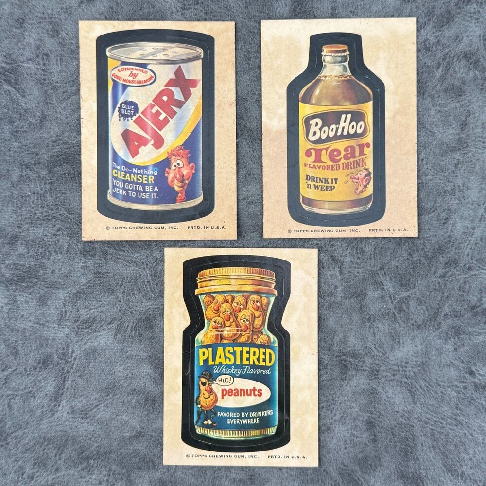 Lot of 3 Topps Wacky Packages 1973 Die Cut Cards Sticker AJERX BOO-HOO Plastered